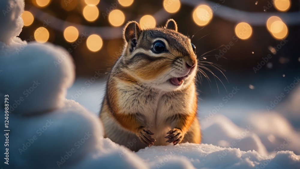 A chipmunk stands amidst snow, illuminated by soft bokeh lights in a winter scene A chipmunk stands amidst snow, illuminated by soft bokeh lights in a winter scene