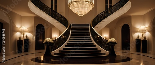 Symmetrical closeup of an extravagant staircase in a luxurious villa illuminated by soft lighting accentuating the beauty of opulence photo