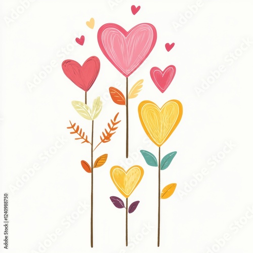 Colorful hearts blooming from whimsical flowers.