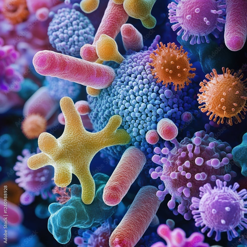 Colorful microscopic view of bacteria and viruses. Colorful microscopic view of bacteria and viruses.