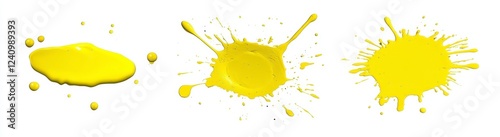 Three bright yellow paint splatter designs isolated on a pure white background, showcasing various splash styles, including drips and radiating