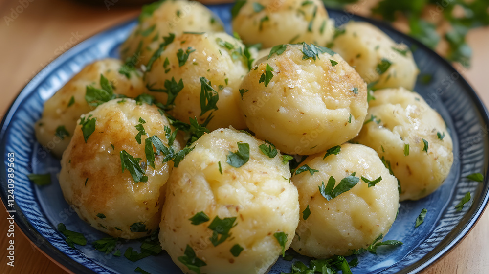 A plate of fluffy potato dumplings garnished with fresh parsley. A plate of fluffy potato dumplings garnished with fresh parsley.