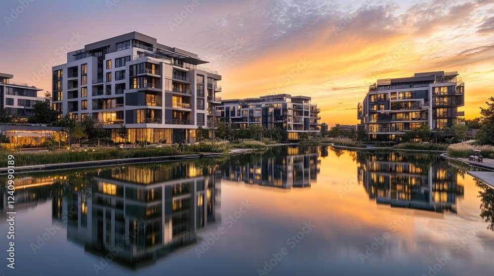 Fototapeta premium Twilight view of a modern cityscape with sleek apartment buildings reflecting on calm water, showcasing urban serenity