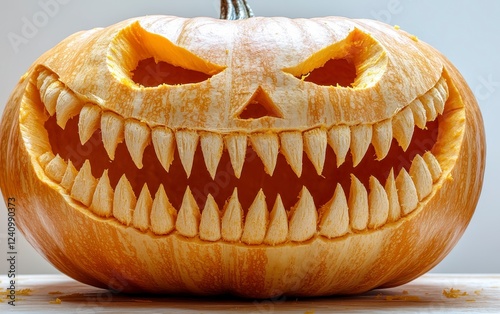 Close up of a carved gourd, featuring a menacing grin with sharply defined teeth. The gourd's surface has a speckled, light orange yellow color, and photo