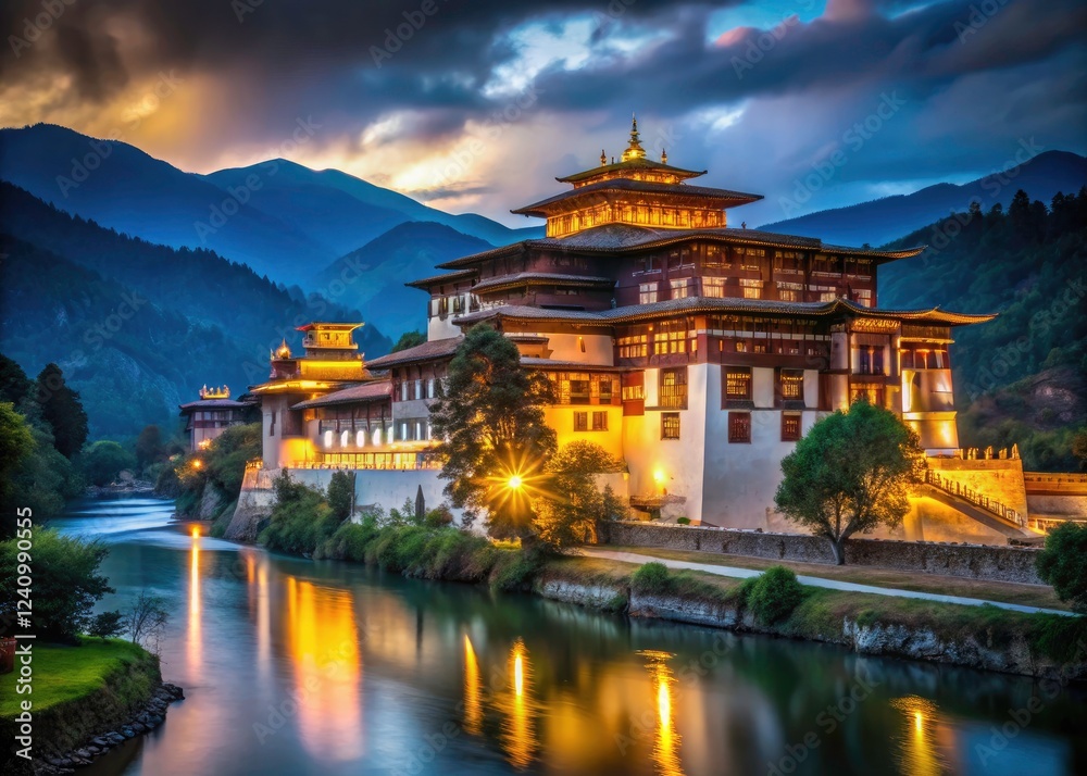 Obraz premium Ancient Punakha Dzong fortress glows under the night sky; breathtaking Himalayan scenery in low-light photography.