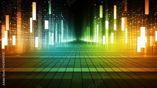 Vibrant digital landscape with glowing lights.
