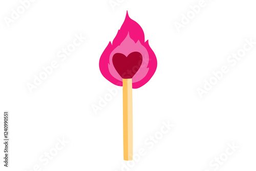 Match with flame in heart shape isolated on white background. Vector illustration for valentine's day card. Doodle cartoon valentine's day element.
