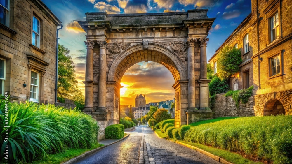 Fototapeta premium Ancient Roman archway, a historical landmark, captured in a deep-depth-of-field architectural photograph.