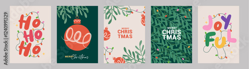 Merry Christmas and Happy New Year greeting card Set. Modern beautiful Xmas design with typography, Christmas tree branches, balls, leaf pattern.