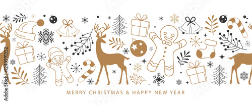 Merry Christmas and Happy New Year festive design with border made of beautiful Christmas ornaments in modern line art style. White background with falling snow.