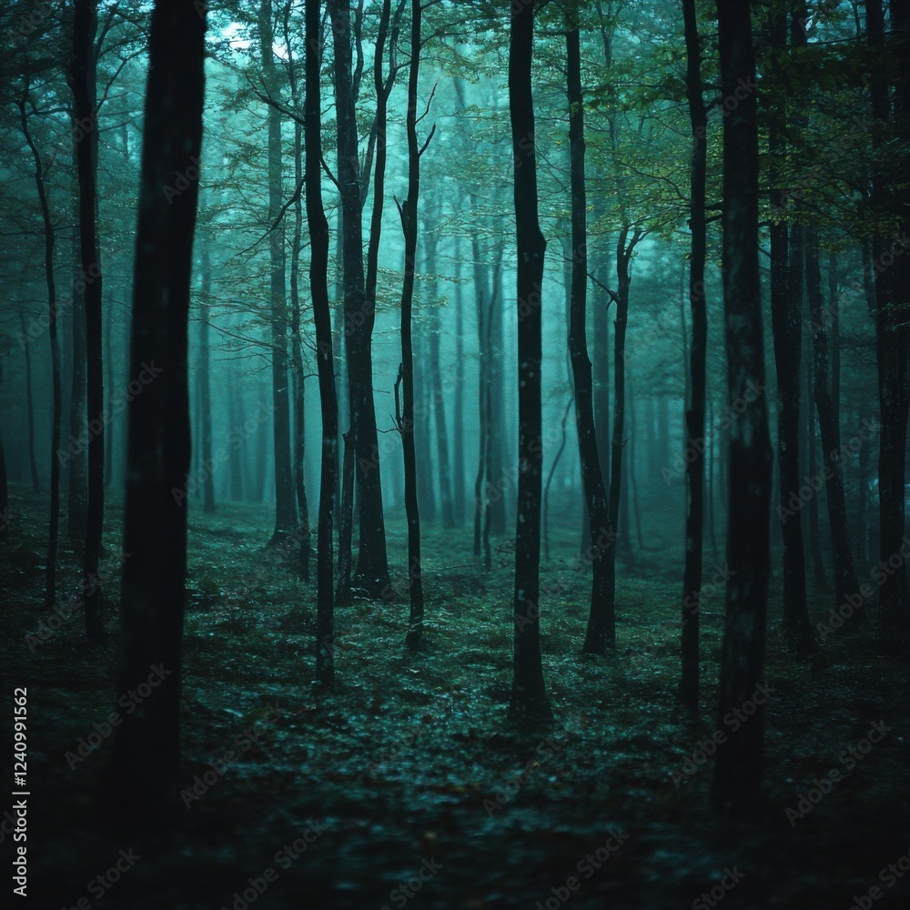Fototapeta premium Mysterious foggy forest at twilight.