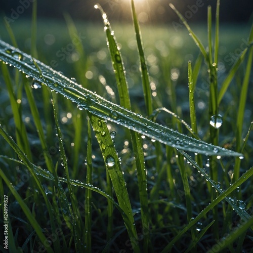 A single blade of grass covered in morning dew, with water droplets glistening. photo