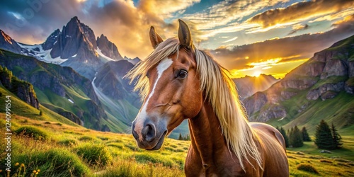 AI-rendered, detailed macro shots of horses amidst mountain grandeur. photo