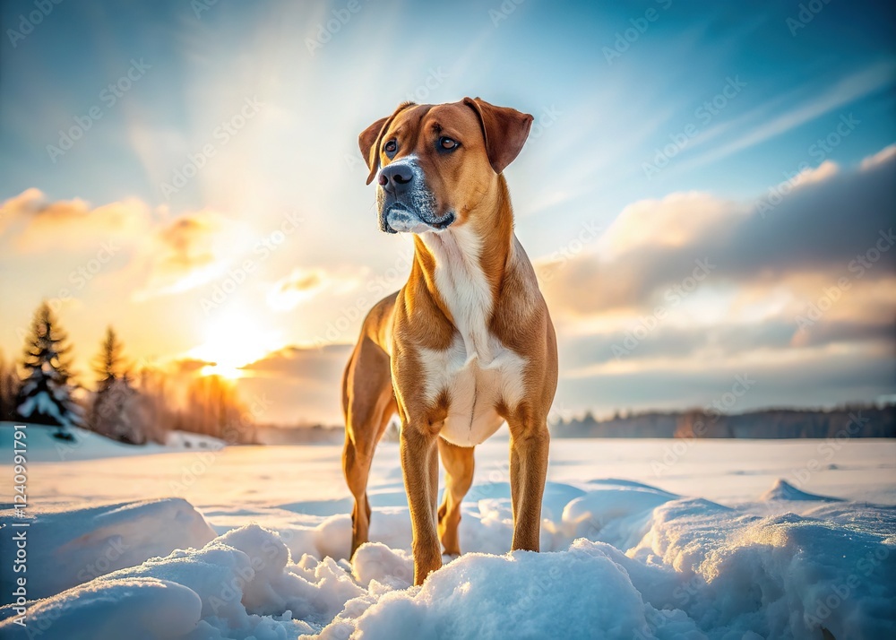 AI-generated snow scene, Boxer Lab mix, striking shape. AI-generated snow scene, Boxer Lab mix, striking shape.