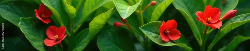 Delicate red flower petals on a lush green leafy background, nature, greenery Delicate red flower petals on a lush green leafy background, nature, greenery