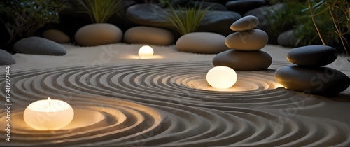 Soft closeup of a peaceful zen garden featuring smooth stones and raked sand inviting tranquility and mindfulness in daily life