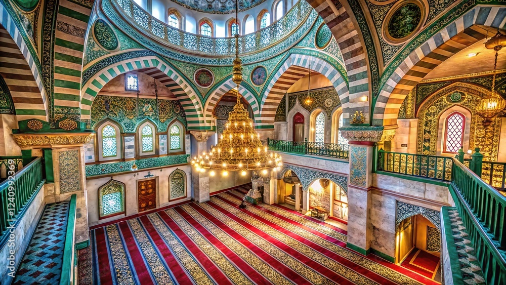 Obraz premium AI-generated drone shot: Hebron's Abraham Mosque mihrab, Patriarch's Cave, Islamic art.