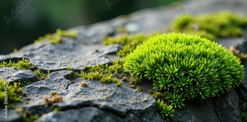 Green moss growing on a weathered stone surface with cracks, weathered, alpine photo