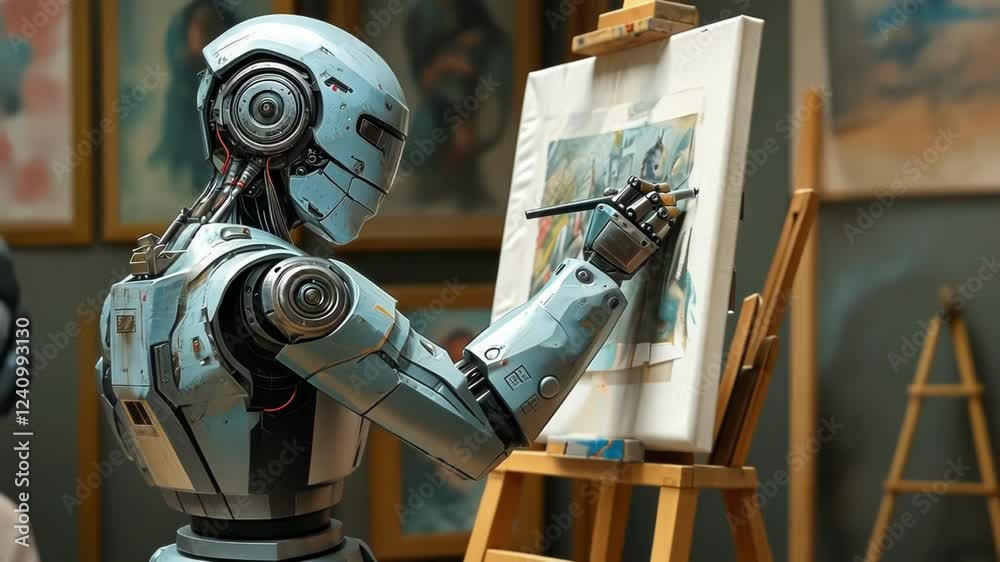 A futuristic robot painting a canvas in an art studio setting.