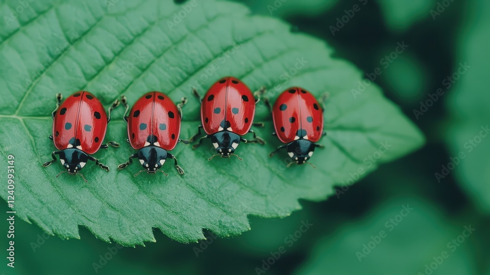 Fototapeta premium Four Ladybugs on a Green Leaf in Nature Close up Macro Photography of Insects