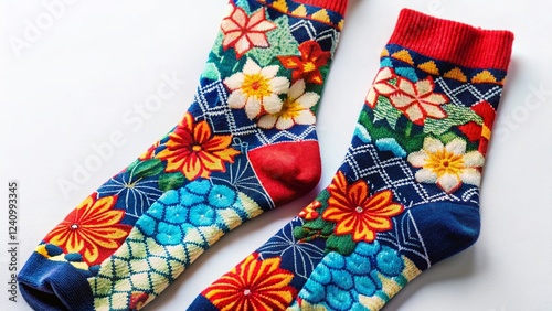 Colorful Japanese Socks (Tabi) on White Background - Copy Space photo