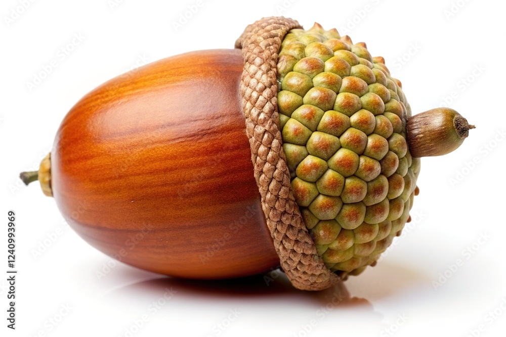 A photorealistic close-up of a Holm Oak acorn, against white. A photorealistic close-up of a Holm Oak acorn, against white.