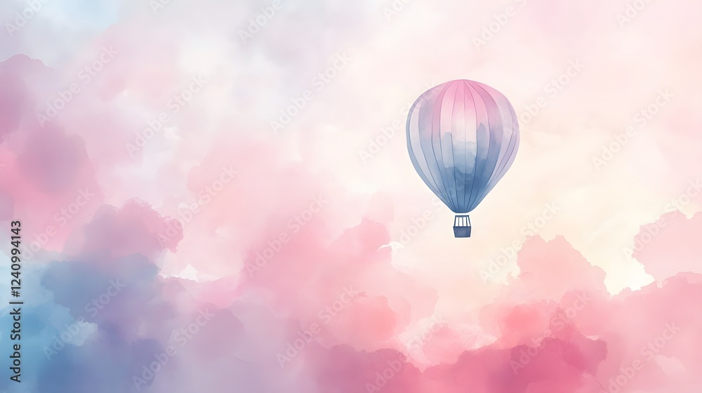 Obraz premium A Watercolor Hot Air Balloon Soaring Through Pastel Clouds
