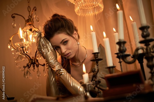 A graceful young woman leans against an opulent chandelier, embodying a mystical vampire. photo