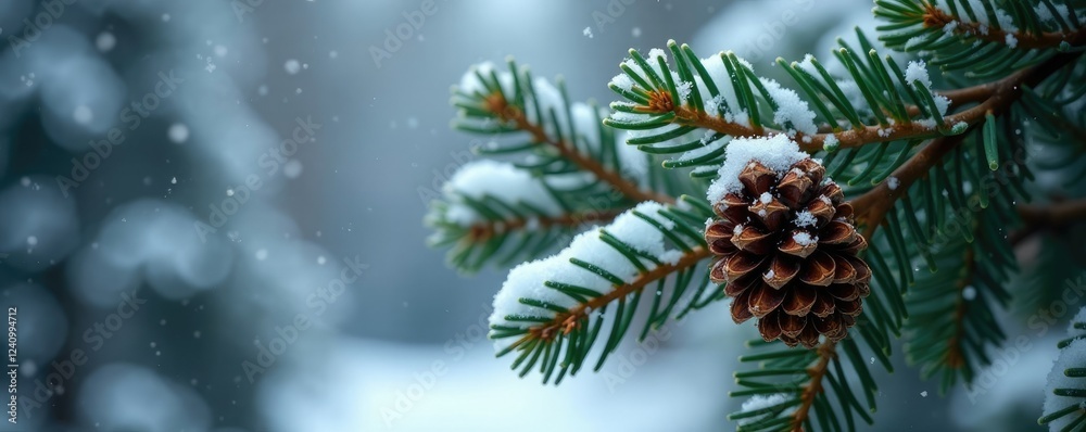 Snowflakes gently fall on pinecones and evergreen branches, nature, tree Snowflakes gently fall on pinecones and evergreen branches, nature, tree