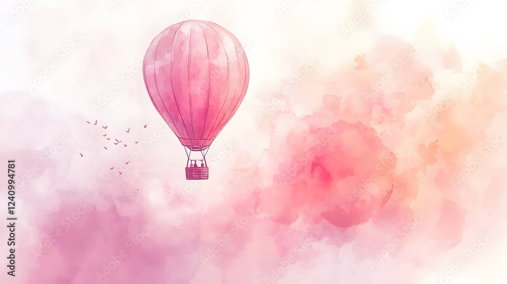 Obraz premium Pink Hot Air Balloon Soaring Through Pastel Clouds