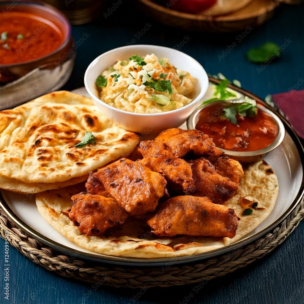 Chicken Tikka BBQ with skewers, flavorful sauce, and naan bread, cooked to perfection in a smoky barbecue setting. Chicken Tikka BBQ with skewers, flavorful sauce, and naan bread, cooked to perfection in a smoky barbecue setting.