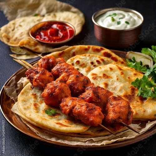 Chicken Tikka BBQ with skewers, flavorful sauce, and naan bread, cooked to perfection in a smoky barbecue setting.