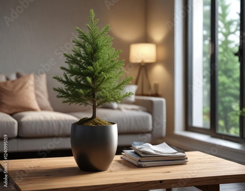 spruce tree in a vase or container on a coffee table, evergreen spruce tree, cozy home decor, fresh cut greens photo