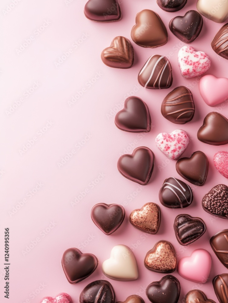 Fototapeta premium A Symphony of Hearts: A Delightful Collection of Exquisite Chocolate Hearts, Beautifully Displayed on a Pastel Pink Surface, Creating a Scene of Pure Romance and Sweet Indulgence