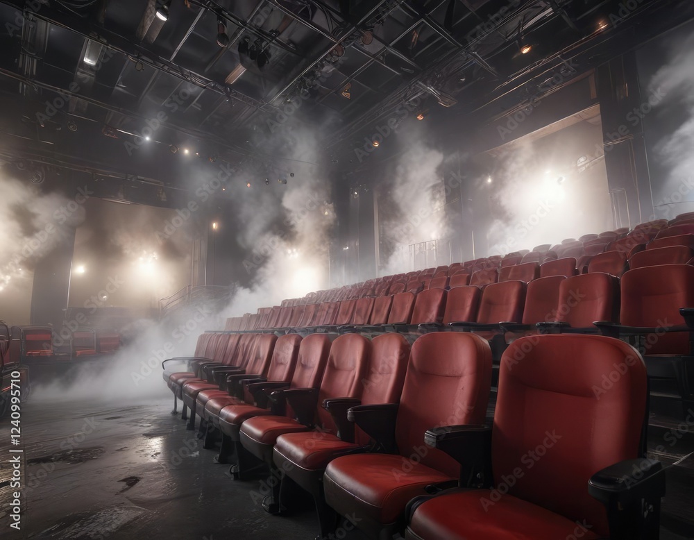 Fototapeta premium Stage filled with smoke and fog, empty seats remain, enigma, haze, vapor