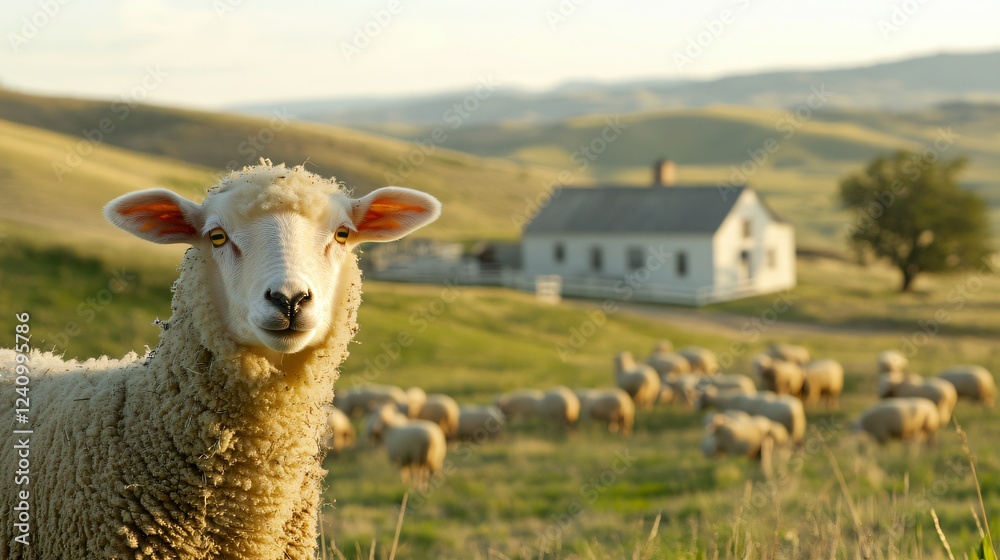 Fototapeta premium Sheep with Soft Glowing Wool in Foreground of Peaceful Rural Pasture Dotted with Other Sheep in Sunlight