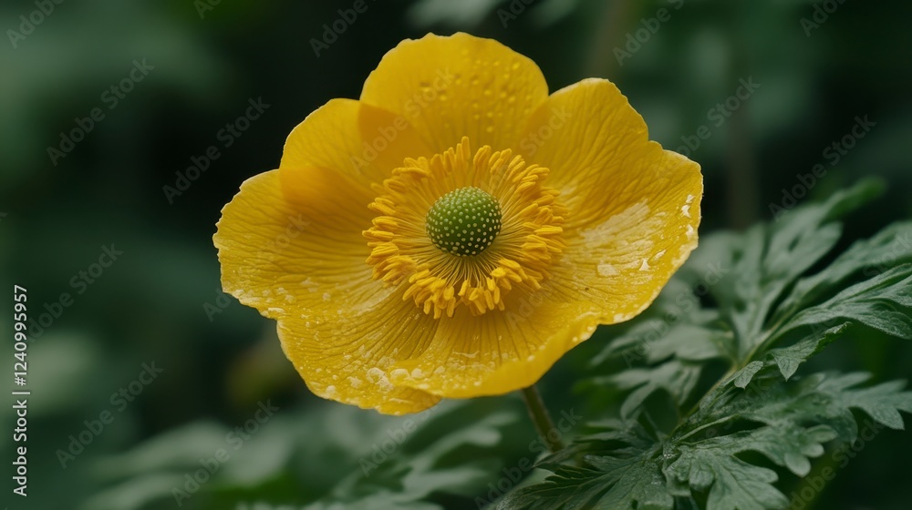Close up of a vibrant yellow flower with water droplets, set against a background of dark green foliage. The flower's petals are slightly ruffled Close up of a vibrant yellow flower with water droplets, set against a background of dark green foliage. The flower's petals are slightly ruffled