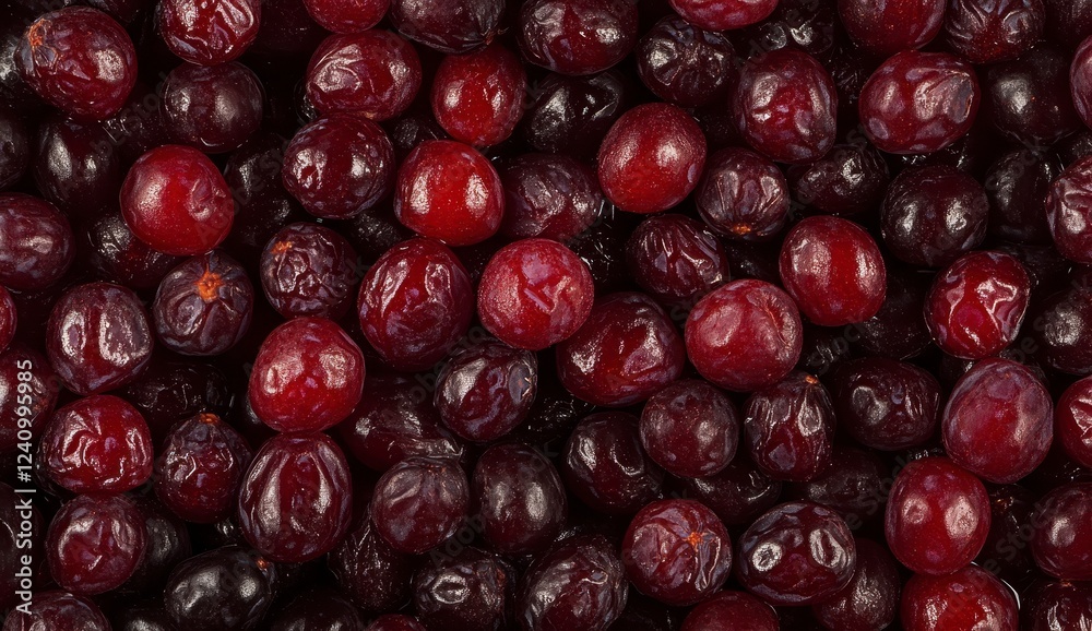 Close up view of many small, round, dark red berries. The berries are densely packed together, filling the entire image. Slight variations in color Close up view of many small, round, dark red berries. The berries are densely packed together, filling the entire image. Slight variations in color