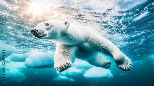 Arctic Ocean Polar Bear Gliding Through Clear Icy Waters with Sunlight Piercing Through Ice Above