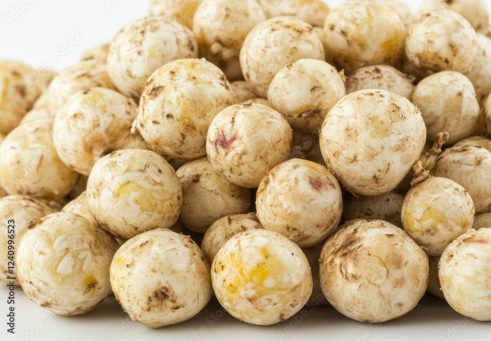 Closeup view of many small, round, light beige food items. The items have a slightly rough texture and some dark spots. They are densely clustered Closeup view of many small, round, light beige food items. The items have a slightly rough texture and some dark spots. They are densely clustered