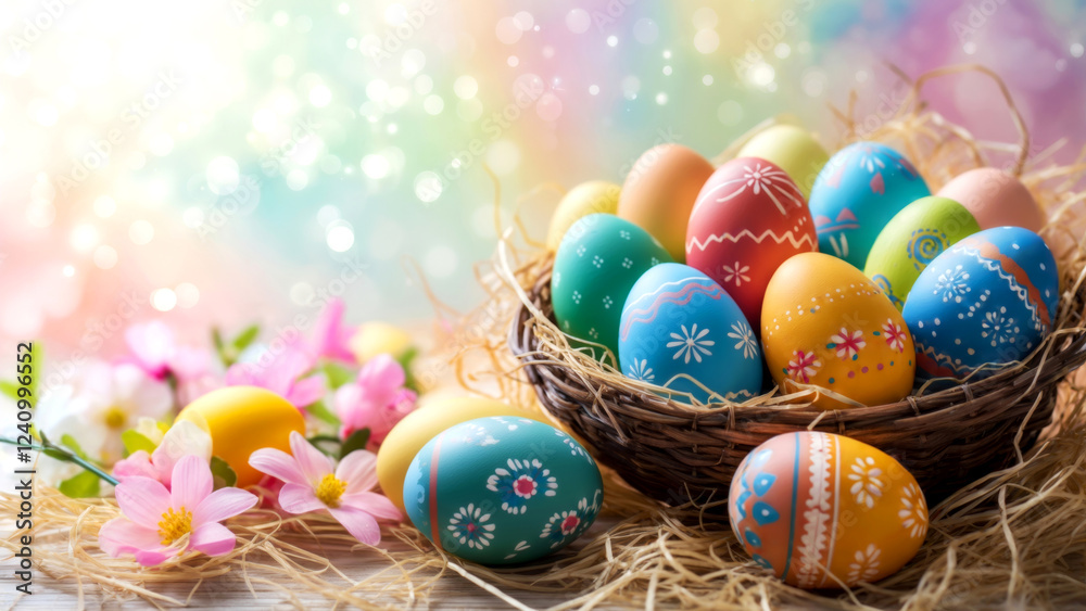 Fototapeta premium Hand painted easter eggs nestled in a basket, surrounded by spring flowers and soft bokeh lights, creating a festive and vibrant easter scene