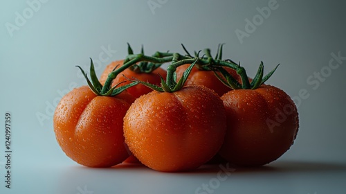 Close up studio shot of a cluster of glistening, orange tomatoes, covered in tiny, glittering specks, with visible green stems and leaves, on a plain