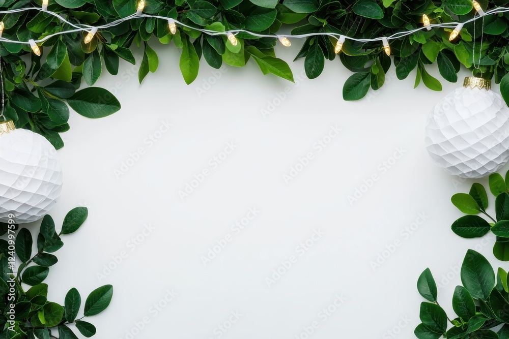 Fototapeta premium Festive Christmas Background White Ornaments Green Greenery and Fairy Lights