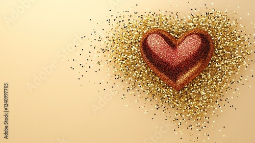 Gold glitter heart, beige background, Valentine's Day card