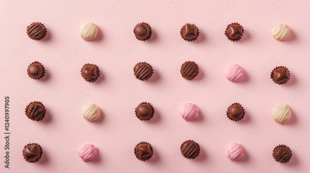 Fototapeta premium A Symphony of Hearts: A Delightful Collection of Exquisite Chocolate Hearts, Beautifully Displayed on a Pastel Pink Surface, Creating a Scene of Pure Romance and Sweet Indulgence
