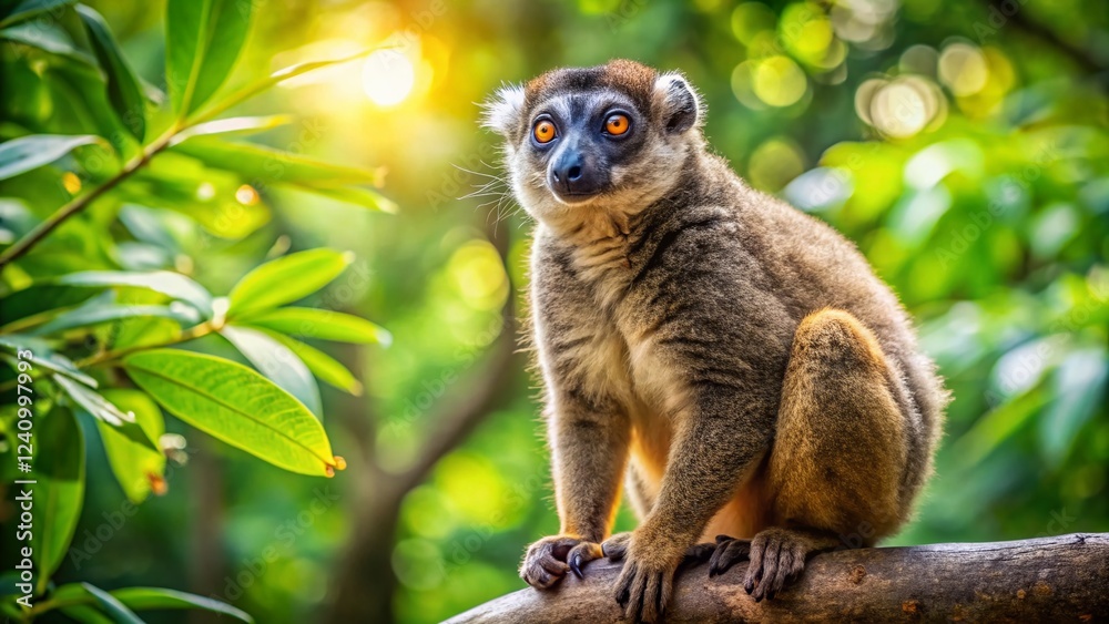Naklejka premium Common Brown Lemur Perched in Tree Branch, Madagascar Wildlife, Primate in Nature
