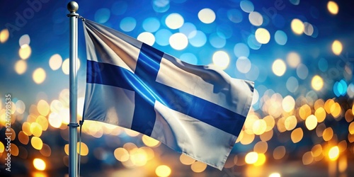 Blurred blue and white bokeh lights create a dreamy, abstract image of the Finnish flag (Suomalainen Lippu). photo