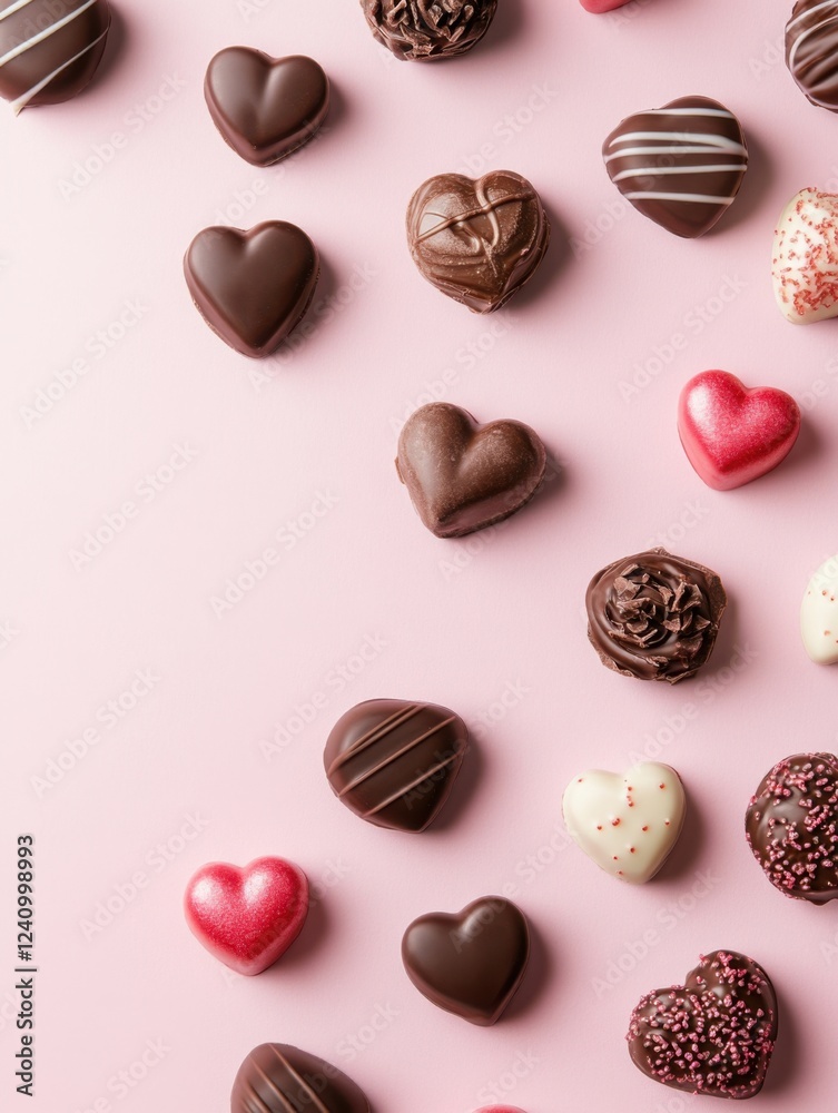 A Symphony of Hearts: A Delightful Collection of Exquisite Chocolate Hearts, Beautifully Displayed on a Pastel Pink Surface, Creating a Scene of Pure Romance and Sweet Indulgence A Symphony of Hearts: A Delightful Collection of Exquisite Chocolate Hearts, Beautifully Displayed on a Pastel Pink Surface, Creating a Scene of Pure Romance and Sweet Indulgence