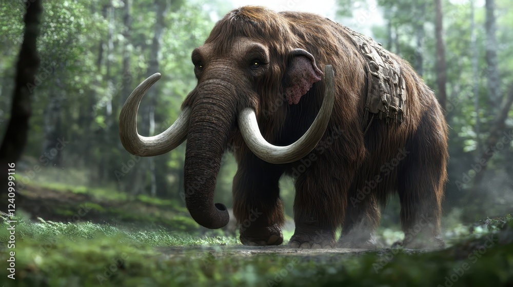 Obraz premium Mammoth walking through a dense forest.