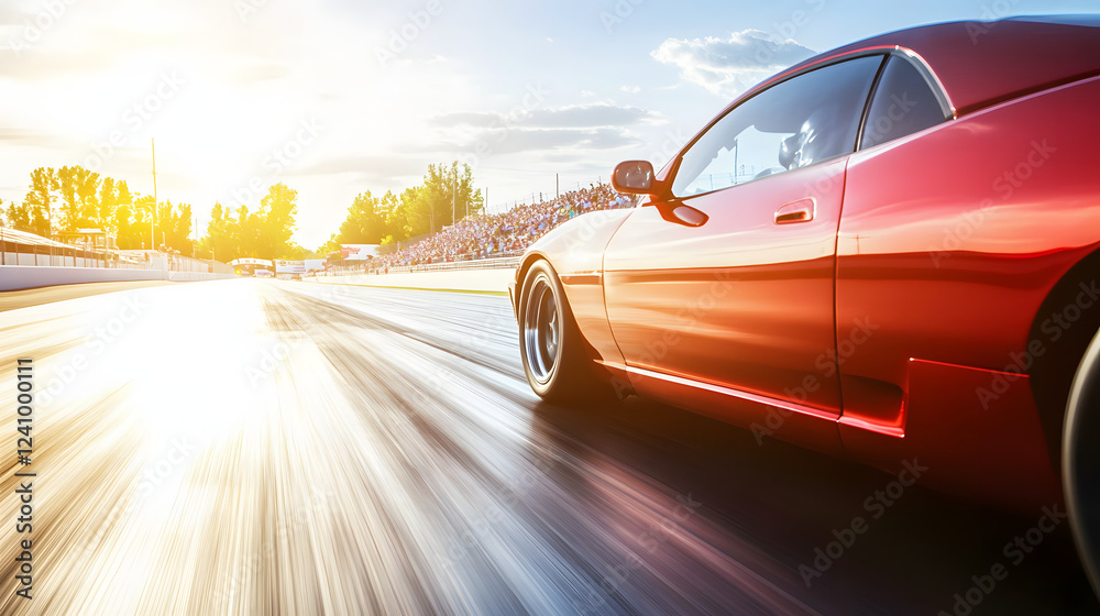 Naklejka premium sports car racing at high speed on a drag strip, showcasing the thrill of competition and the pursuit of performance excellence.